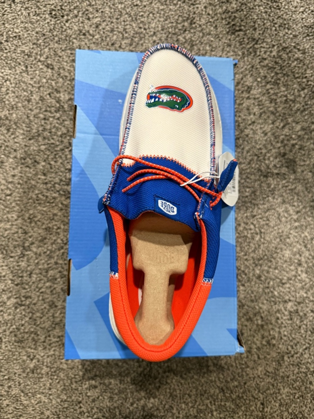 NWT Hey Dude Men's White and Blue Slip-On Loafer with Orange Accents